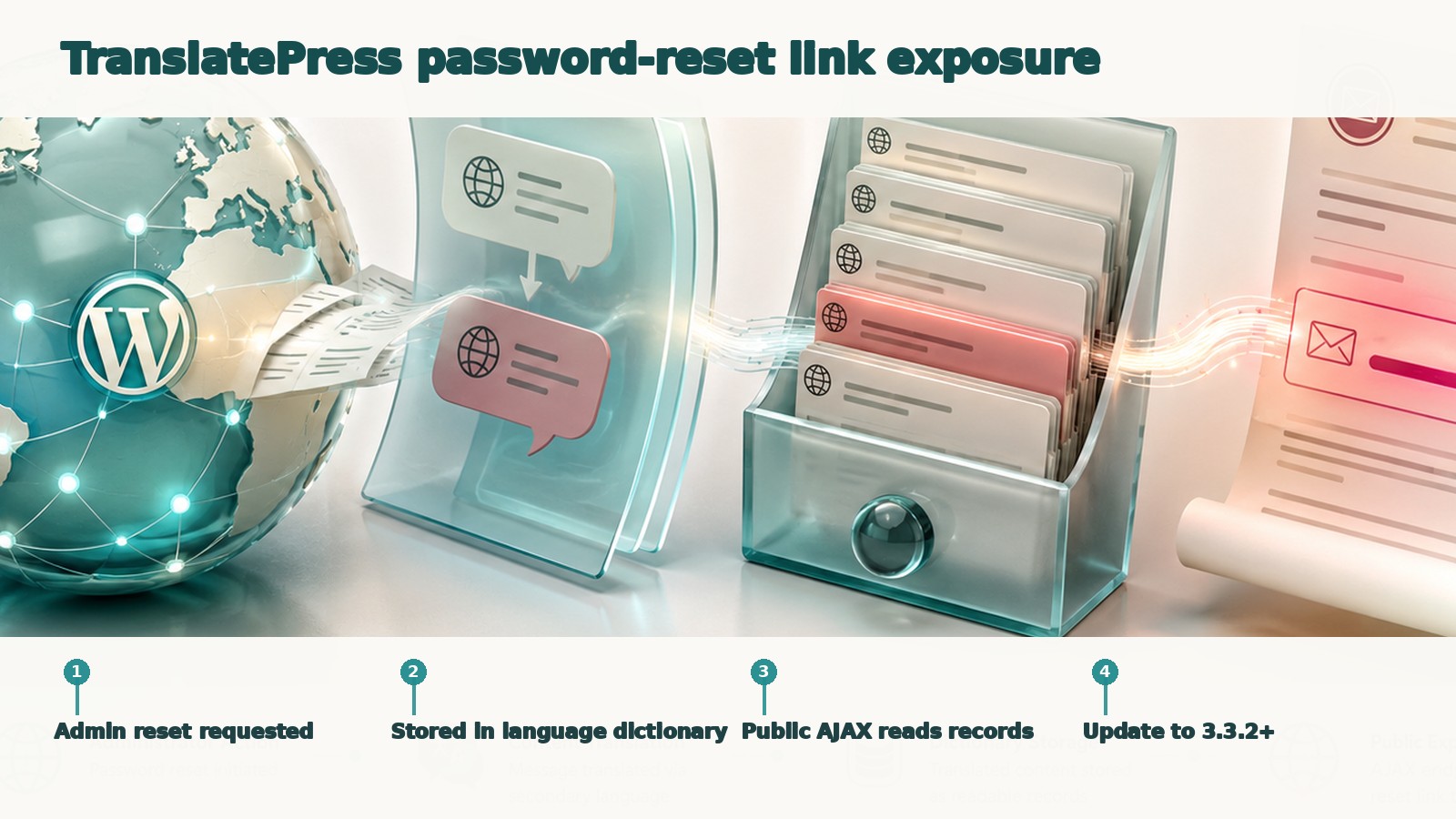 Flow showing a TranslatePress password-reset message stored in a secondary-language dictionary and exposed through public AJAX