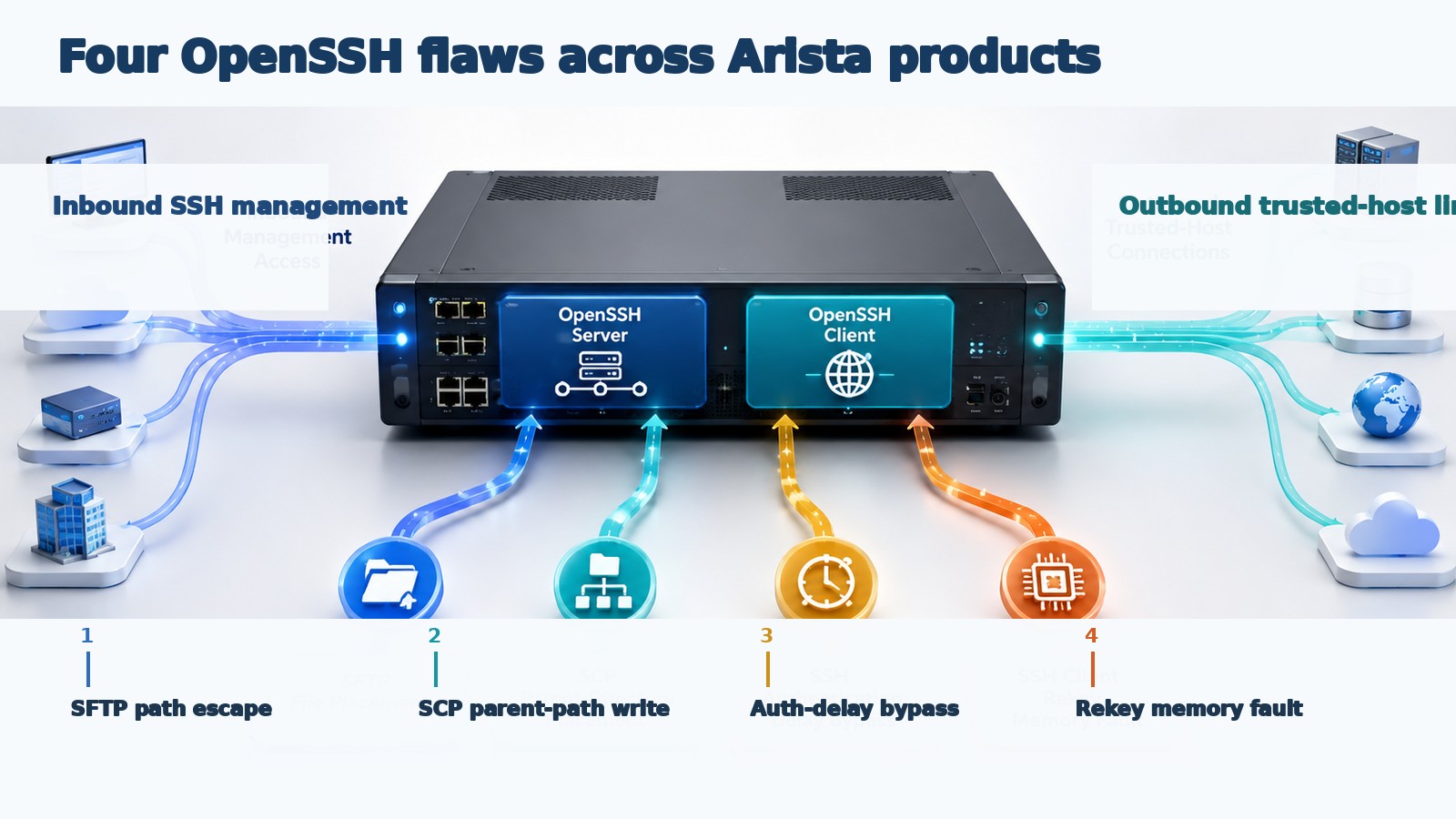Comparison of the four OpenSSH server and client vulnerability paths affecting Arista product families
