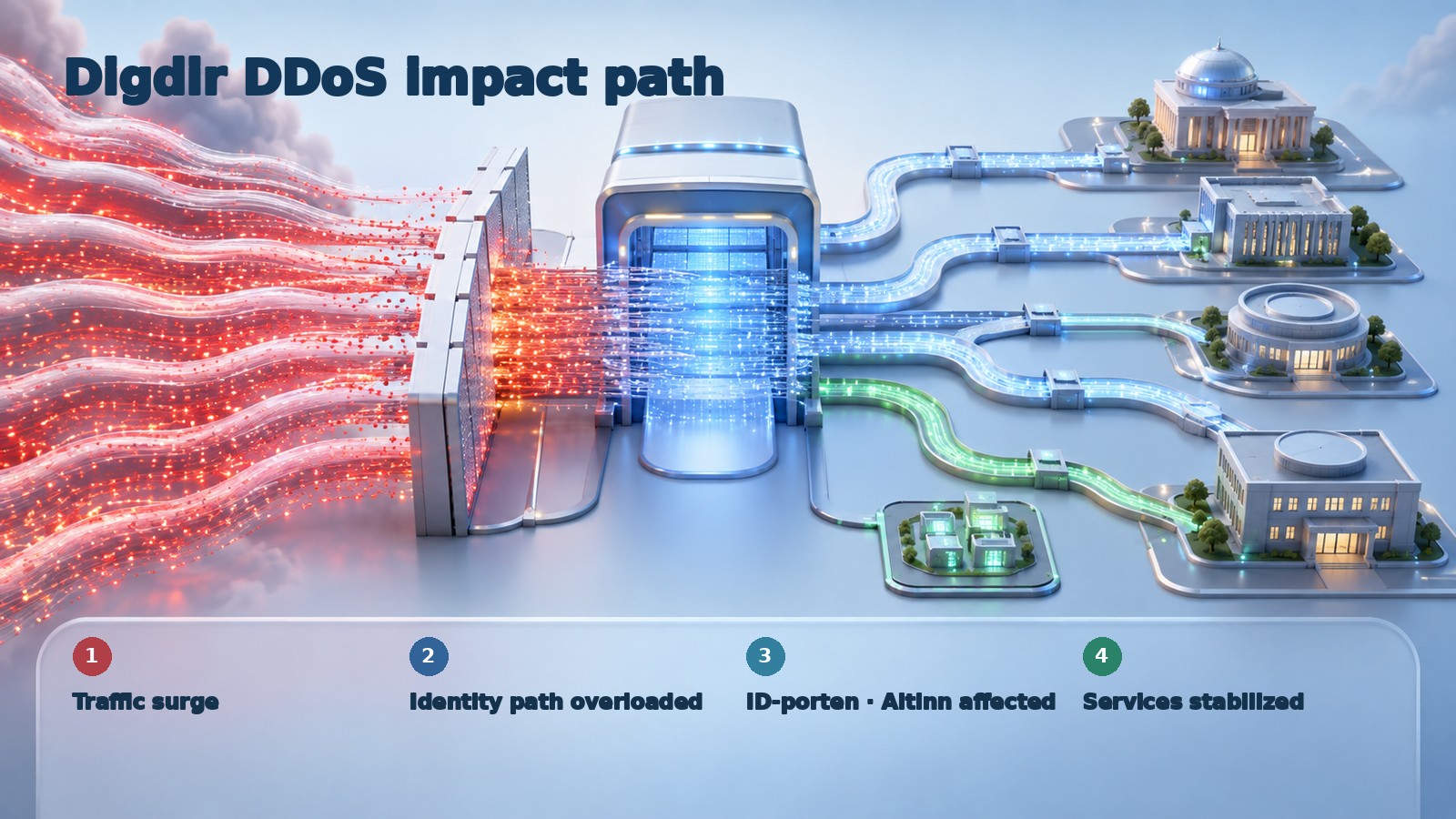 Diagram showing a DDoS traffic surge reaching Digdir shared identity services and dependent public systems
