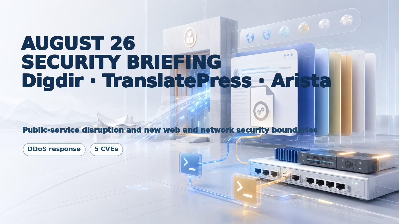 August 26 security briefing on Norway public-service DDoS, TranslatePress account takeover, and Arista OpenSSH vulnerabilities