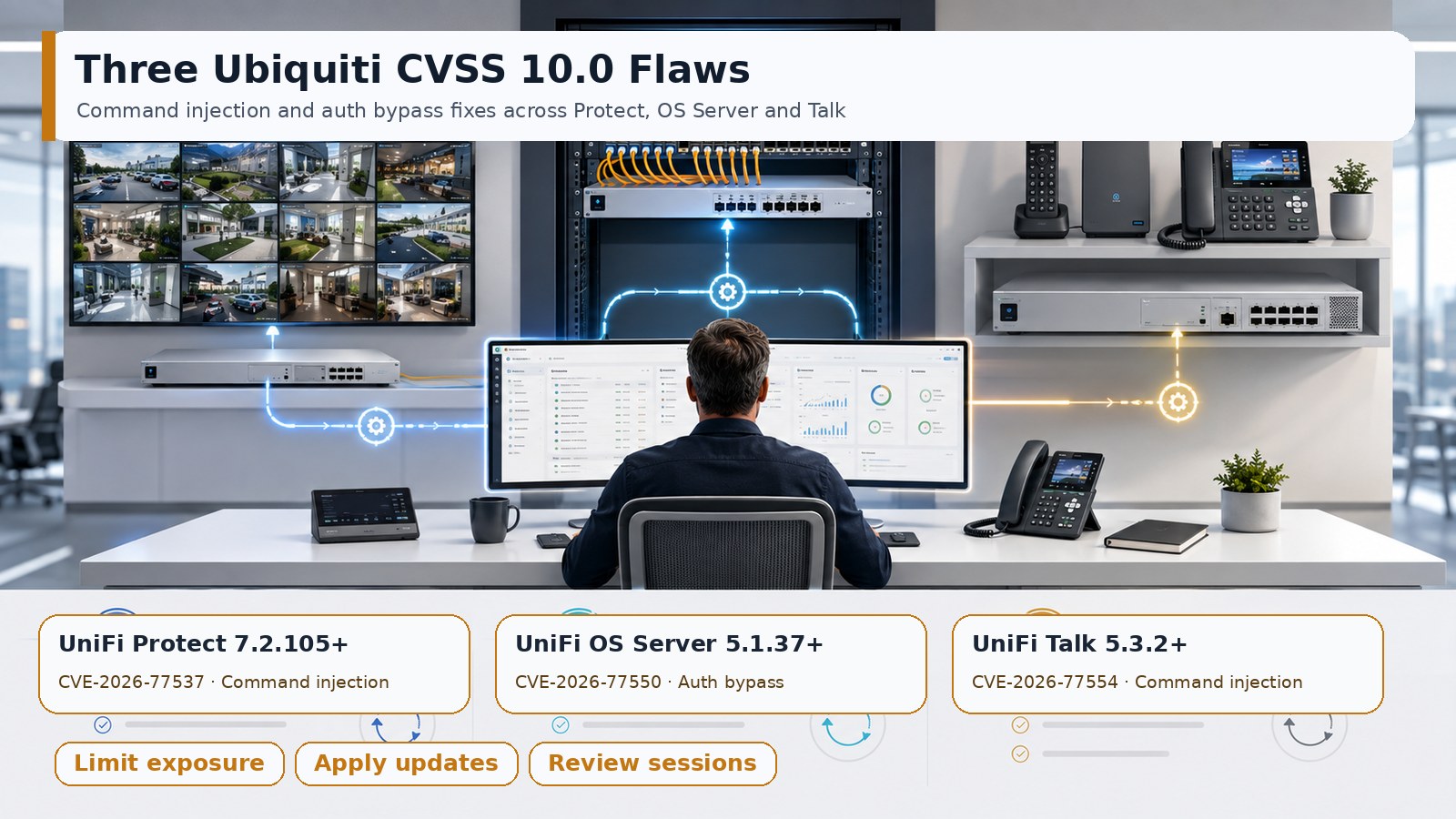 Operations diagram showing the three Ubiquiti vulnerabilities, fixed versions and validation steps for Protect, UniFi OS Server and Talk
