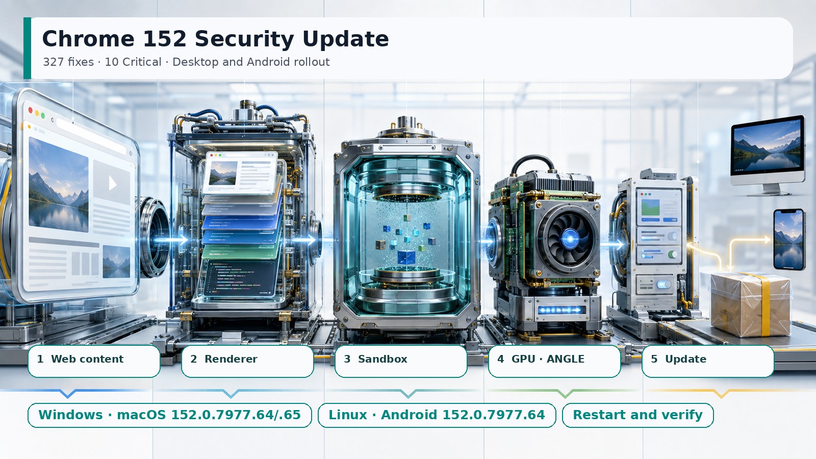 Diagram of Chrome 152 web content, renderer, sandbox, GPU and ANGLE layers, update flow and platform-specific versions