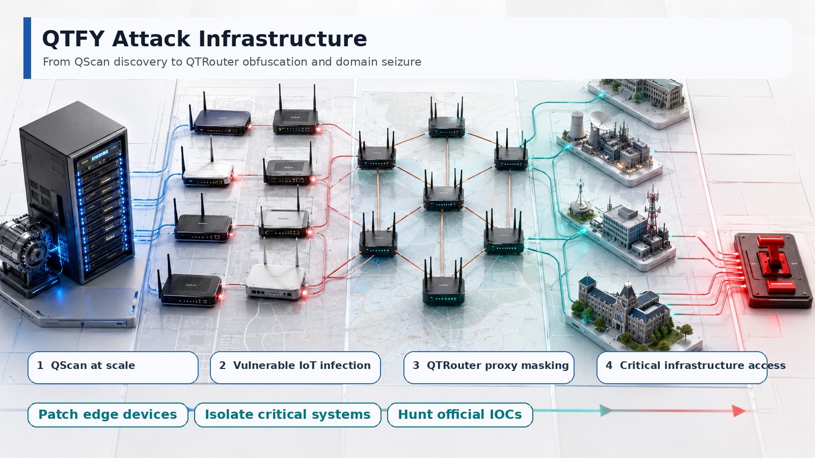 Diagram of the QTFY flow from QScan discovery and IoT infection through QTRouter obfuscation to critical infrastructure access and defensive checks