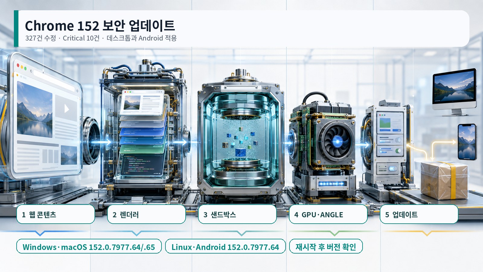 Chrome 152의 웹 콘텐츠, 렌더러, 샌드박스, GPU·ANGLE, 업데이트 흐름과 운영체제별 버전을 보여주는 도식