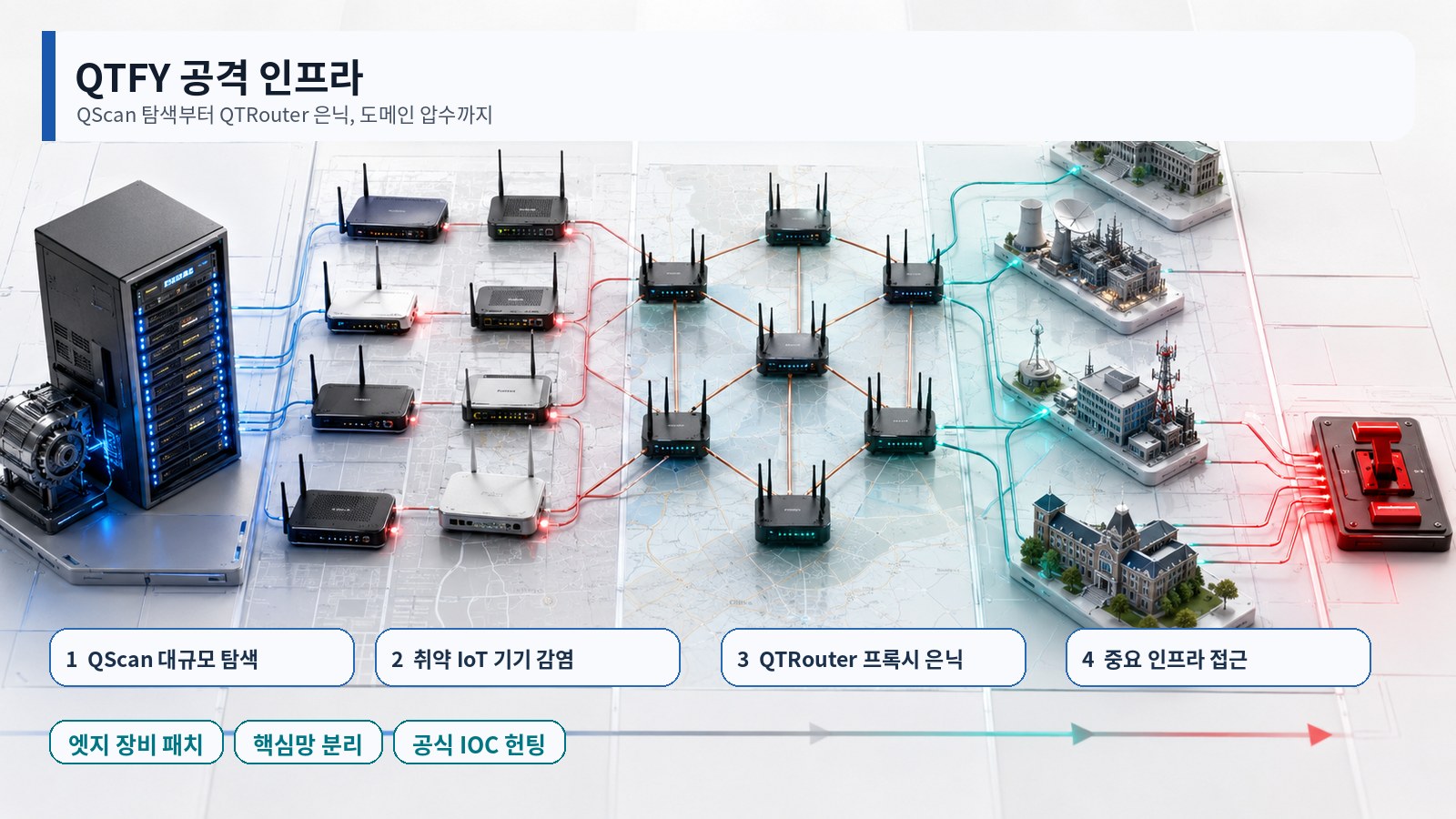 QScan 탐색, IoT 감염, QTRouter 프록시 은닉, 중요 인프라 접근과 방어 순서를 보여주는 QTFY 공격 인프라 도식