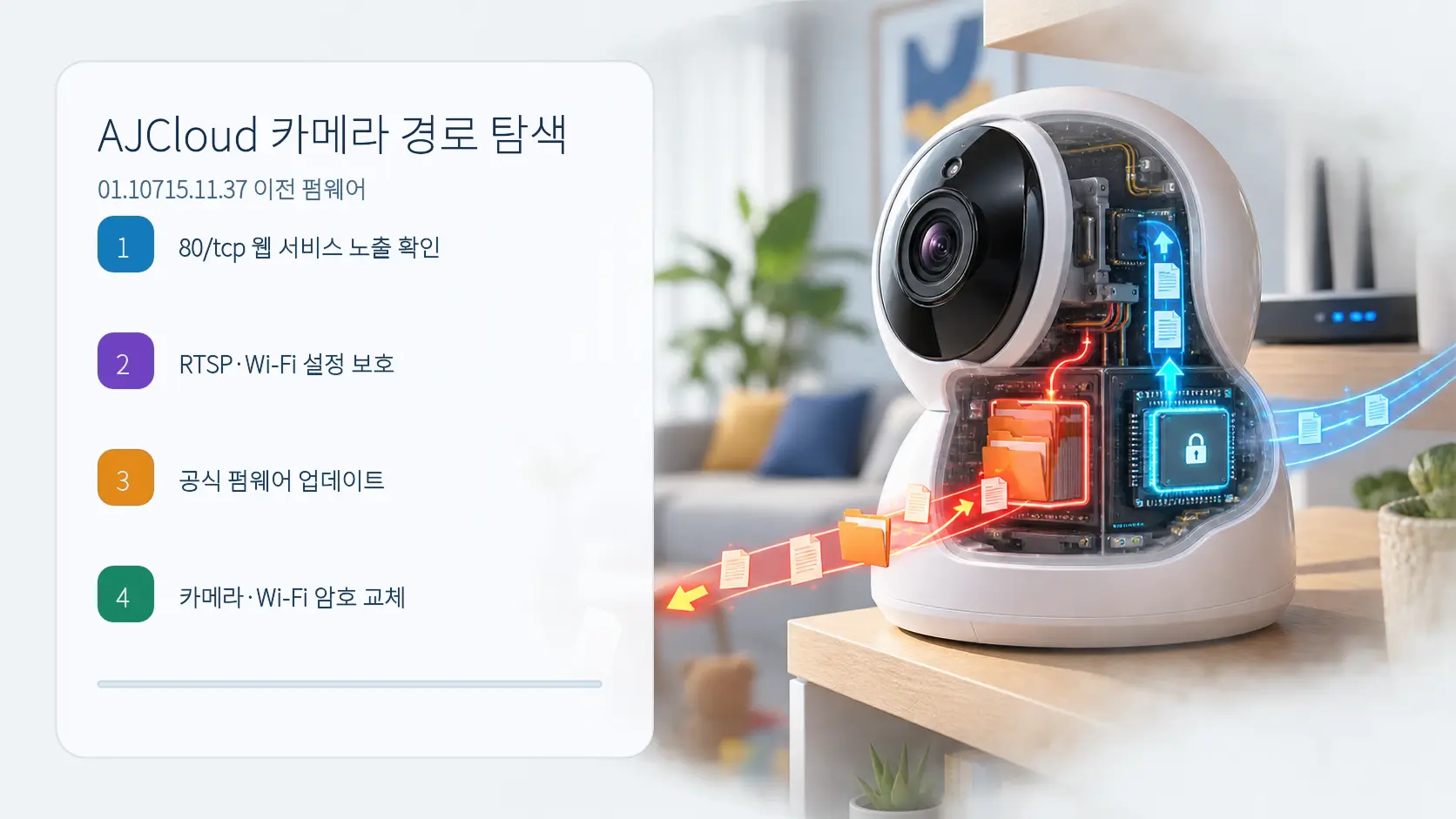 AJCloud 카메라 경로 탐색 점검: 웹 노출, 설정 보호, 펌웨어, 암호 교체