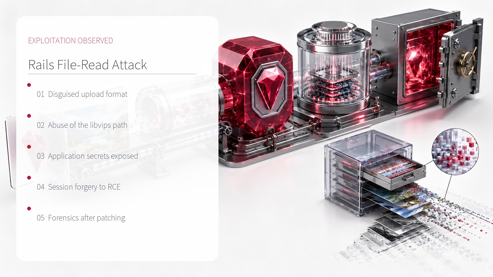 English infographic showing the Rails CVE-2026-66066 attack and investigation flow