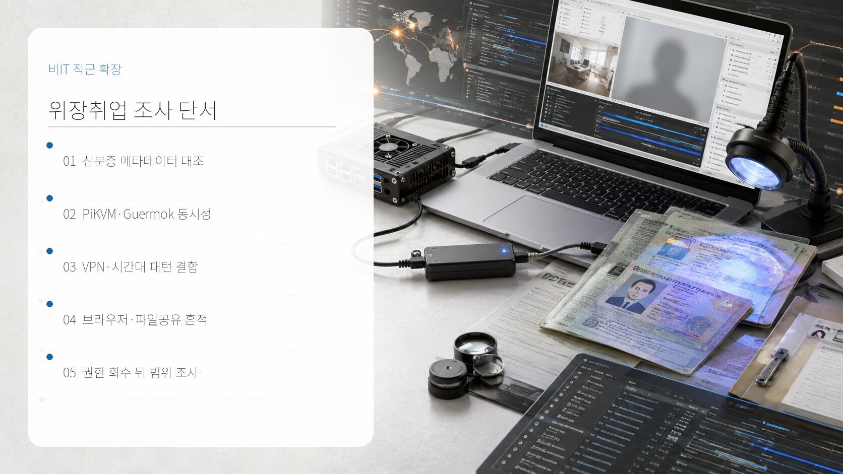 원격 위장취업의 신원·접속·장비 검증 절차를 설명하는 한국어 정보 이미지
