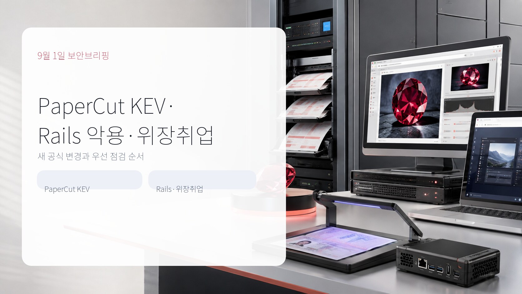PaperCut KEV, Rails 악용, 위장취업을 다룬 9월 1일 보안브리핑 표지