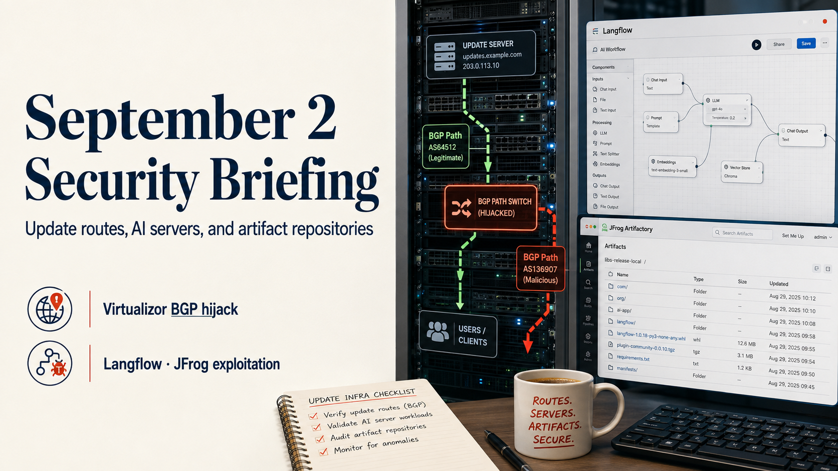 September 2 Security Briefing cover: Virtualizor BGP hijack, Langflow and JFrog exploitation
