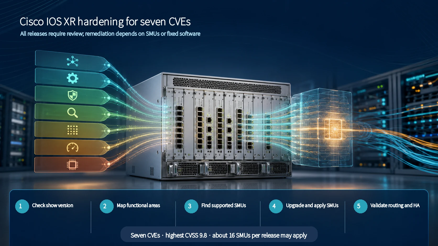 English infographic showing the IOS XR hardening sequence: check show version, map functional areas, find supported SMUs, upgrade and apply SMUs, then validate routing and high availability