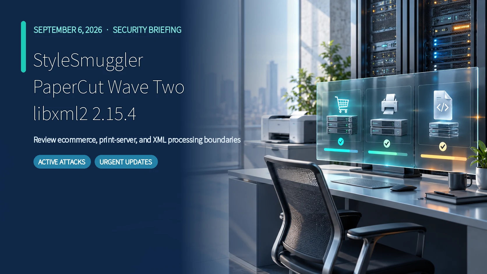 September 6 security briefing cover: StyleSmuggler, PaperCut wave two, and libxml2 2.15.4