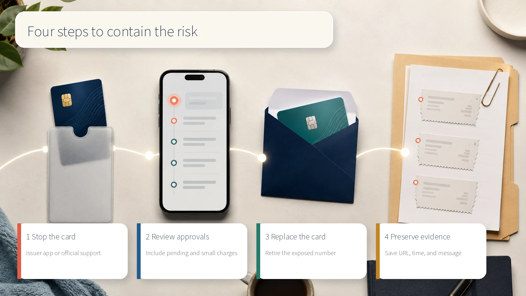 Four-step response: stop the card, review authorizations, replace the card, and preserve evidence