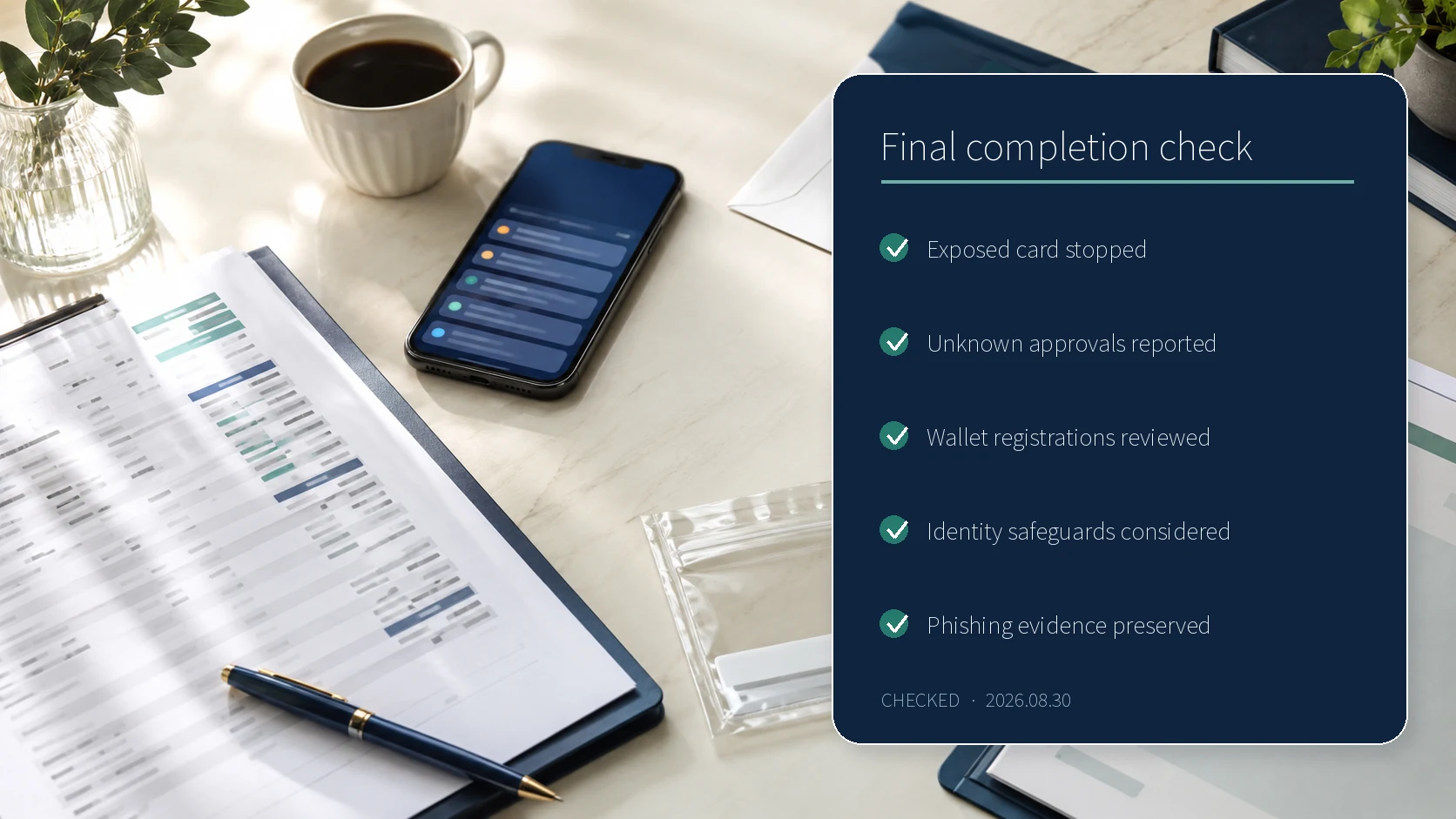 Checklist covering card suspension, reporting unknown authorizations, wallet review, identity safeguards, and evidence preservation