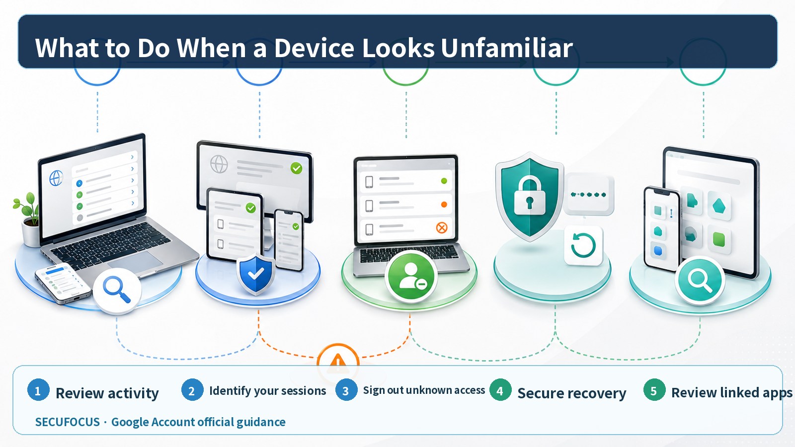 English visual sequence for reviewing activity, identifying sessions, signing out unknown access, securing recovery, and checking linked apps