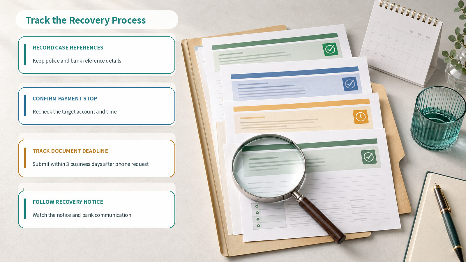 Checks for case references, payment-stop status, document deadline, and recovery notice