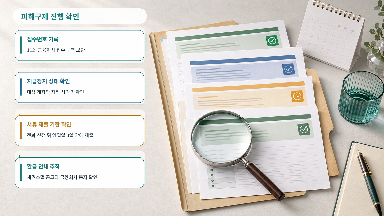 접수번호, 지급정지, 서류 기한, 환급 안내 확인 항목