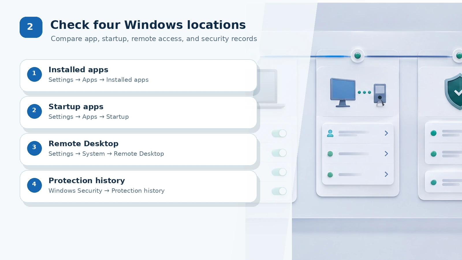 Windows locations for Installed apps, Startup apps, Remote Desktop, and Protection history