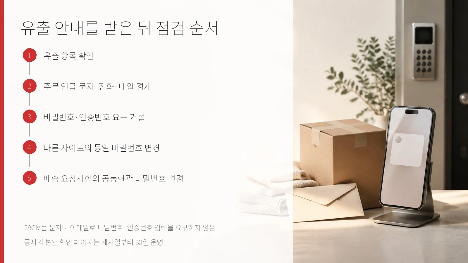 29CM 유출 안내를 받은 고객의 점검 순서를 정리한 한국어 이미지