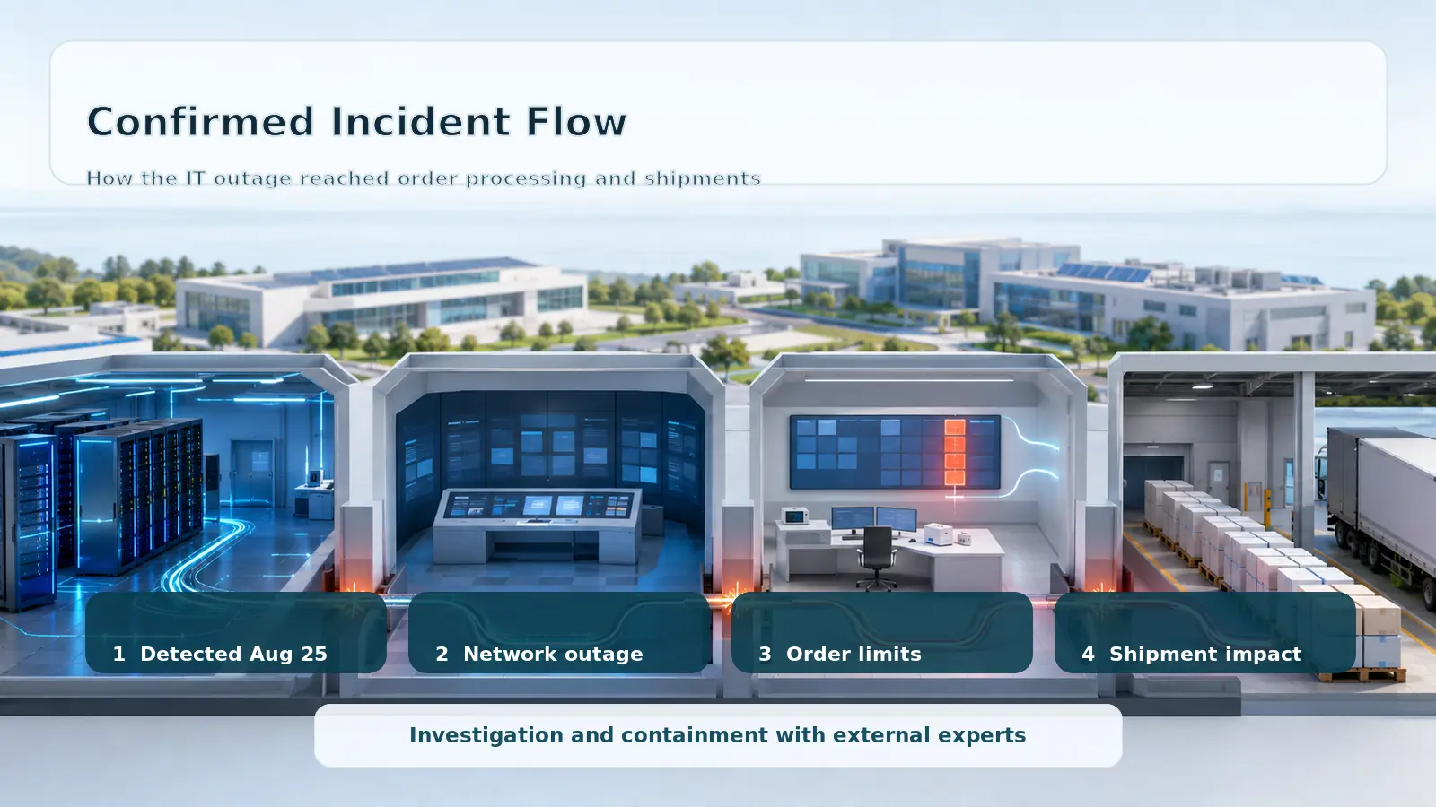 Confirmed flow from August 25 detection to network outage, order-processing limits, and shipment impact