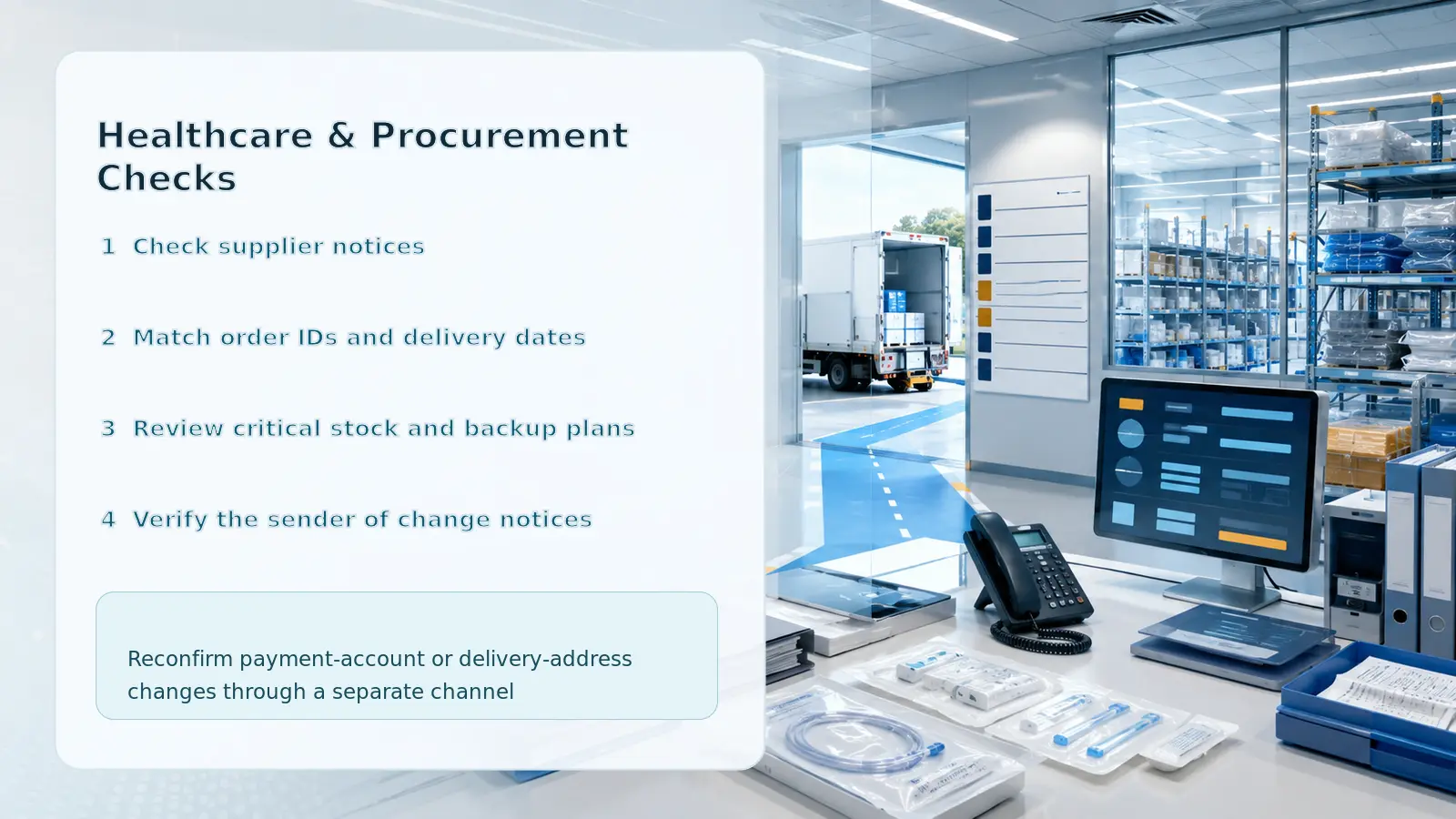 Checks covering official supplier notices, order and delivery references, critical inventory, and sender verification