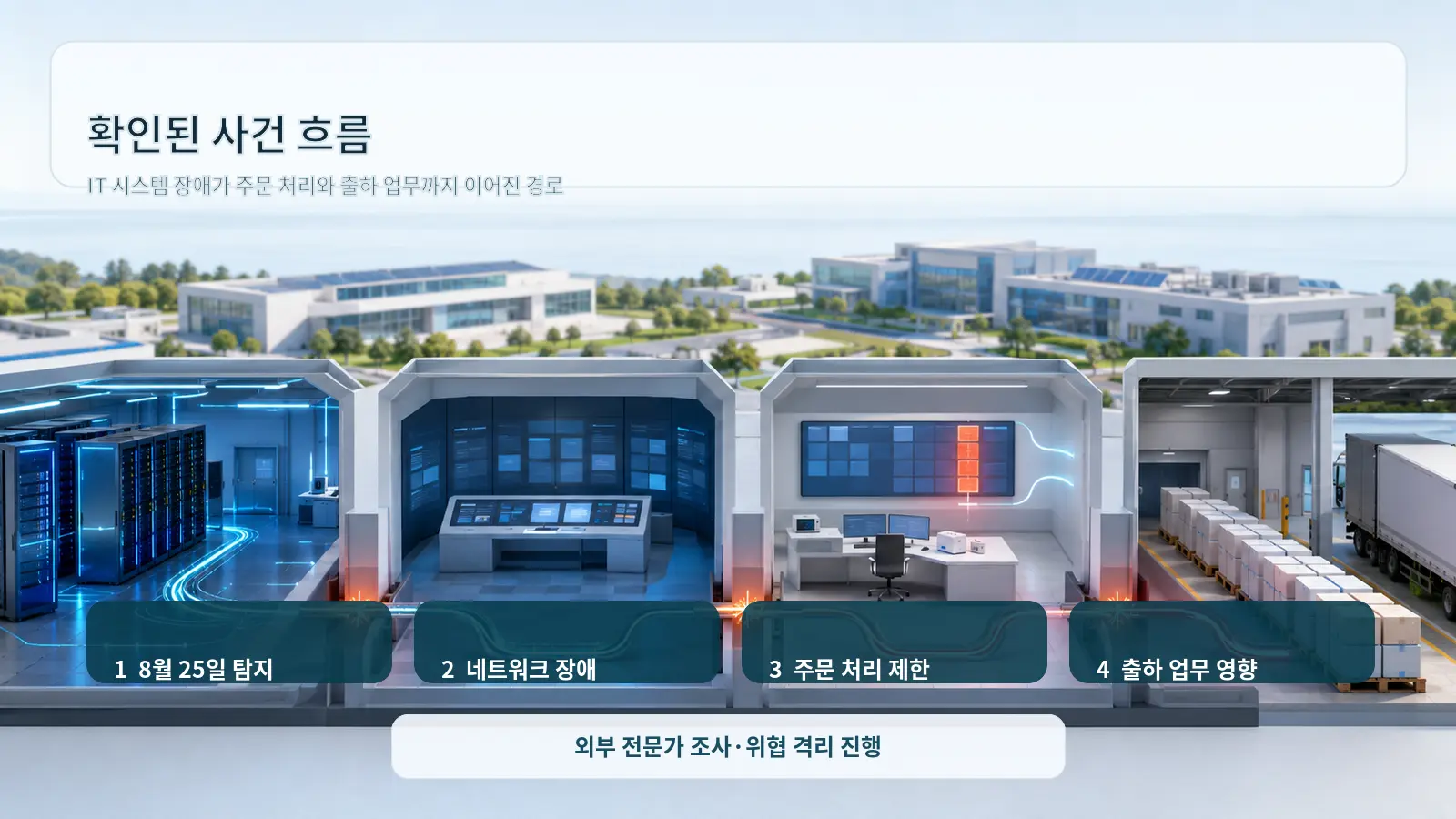 8월 25일 탐지부터 네트워크 장애, 주문 처리 제한, 출하 영향까지 이어진 사건 흐름