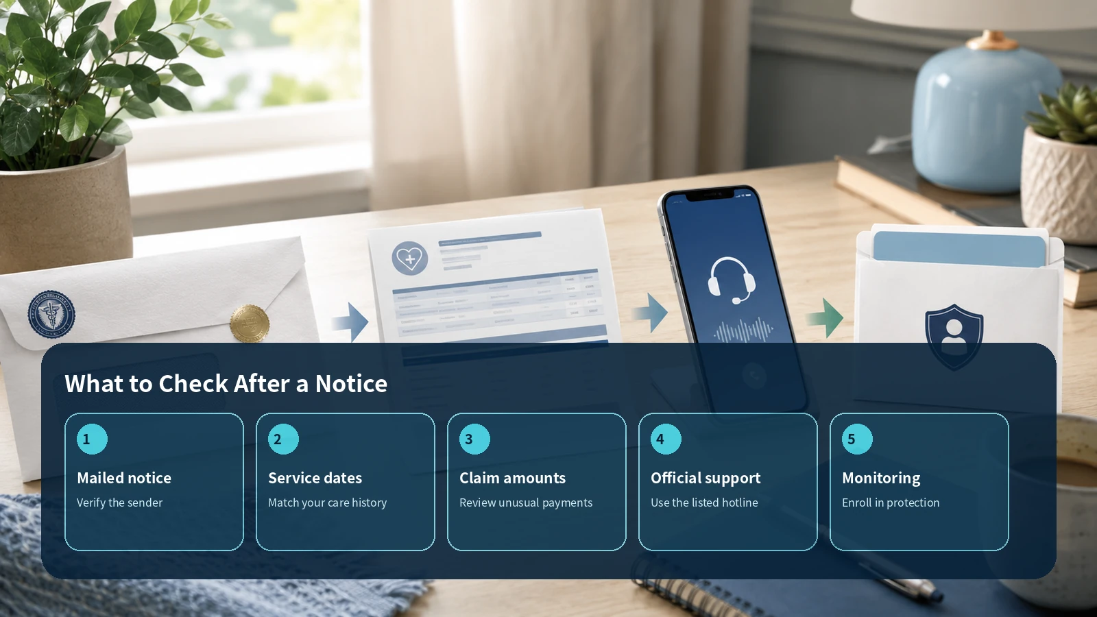 Steps to verify a mailed notice, compare service dates, review claim amounts, contact official support, and enroll in monitoring