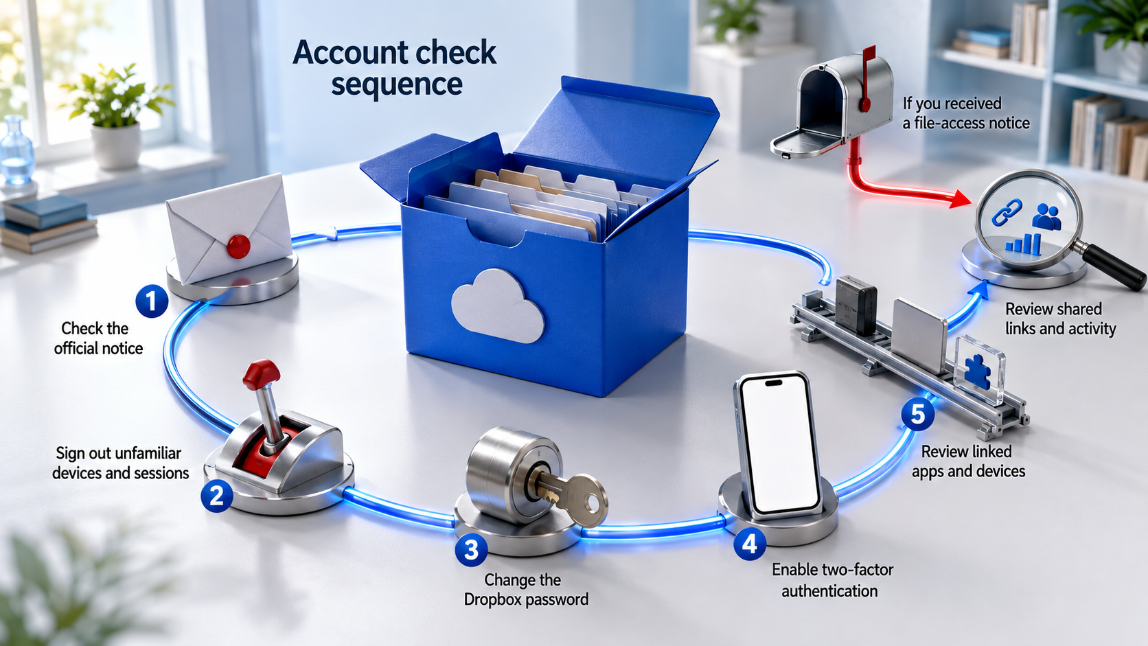 English account-check sequence for suspicious Dropbox access