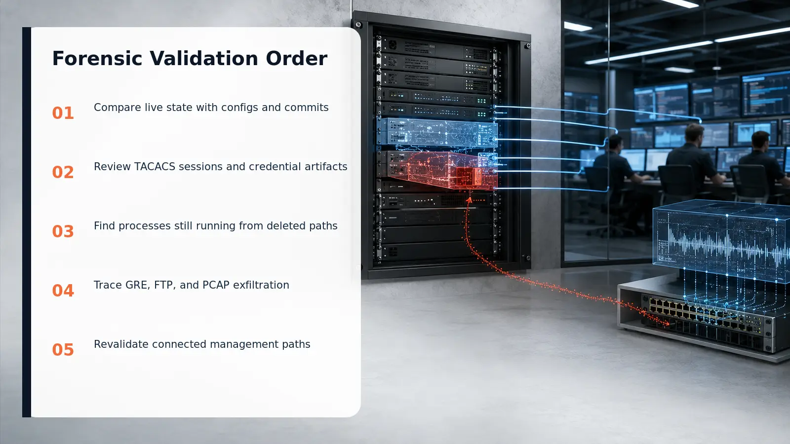 Forensic validation order for Fire Ant activity across routers, TACACS, and Linux management hosts