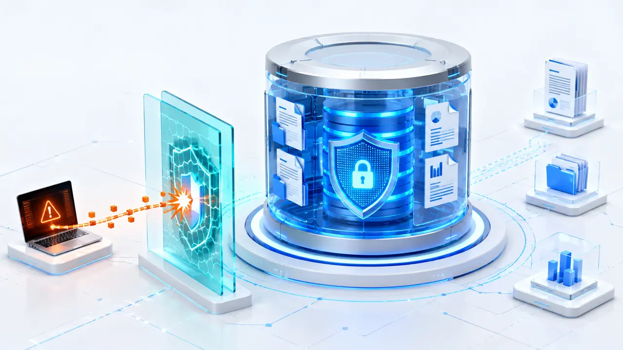 Concept illustration of an unauthorized extraction path stopped at the security barrier of a French tax authority data system