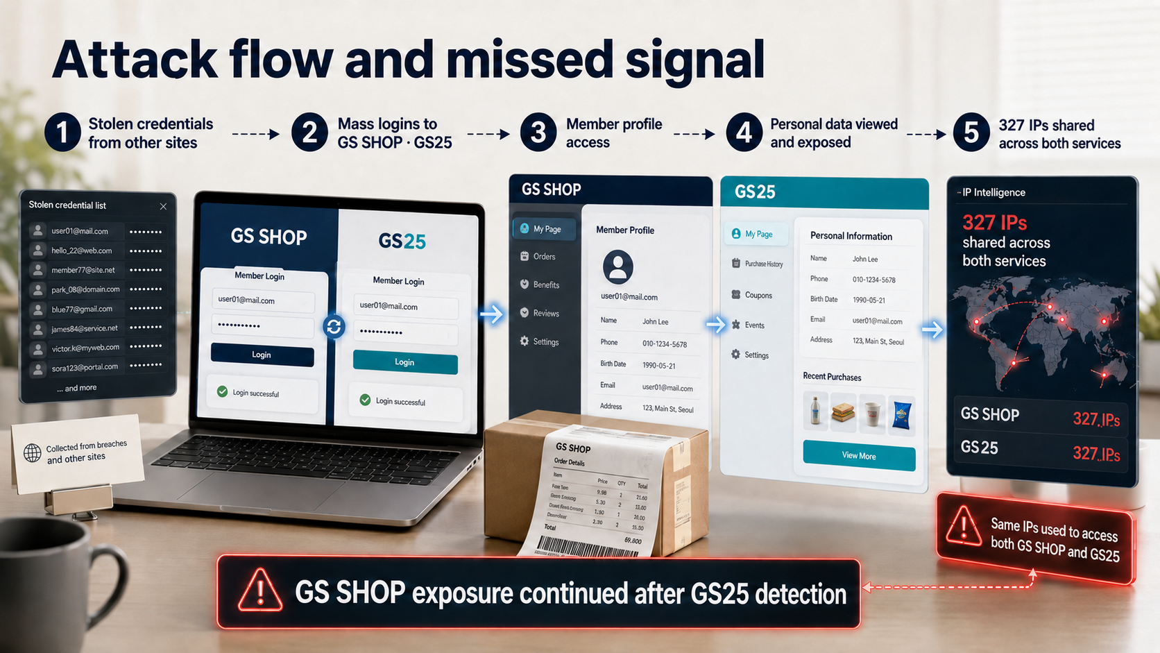Credential-stuffing flow and 327 IPs shared across GS SHOP and GS25