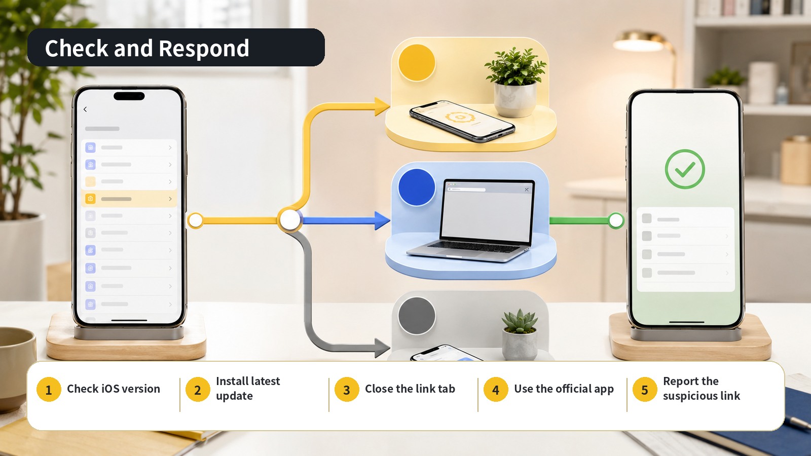 Five priority checks: verify iOS version, install the latest security update, close the suspicious tab, use the official app for login, and report the link