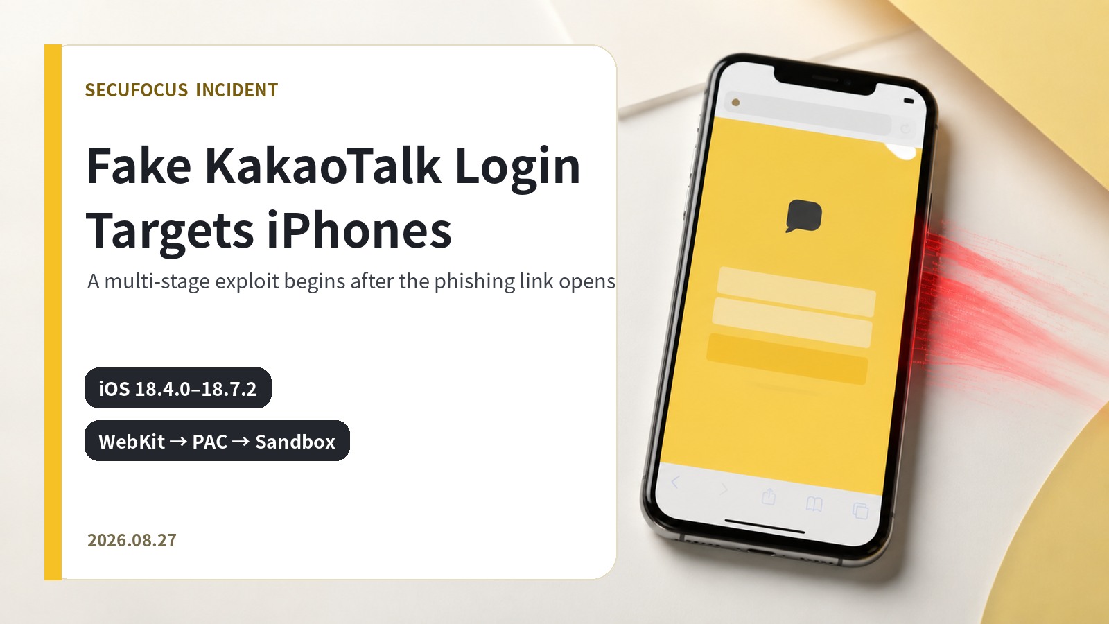 Cover illustrating a fake KakaoTalk login page and an iPhone browser exploit
