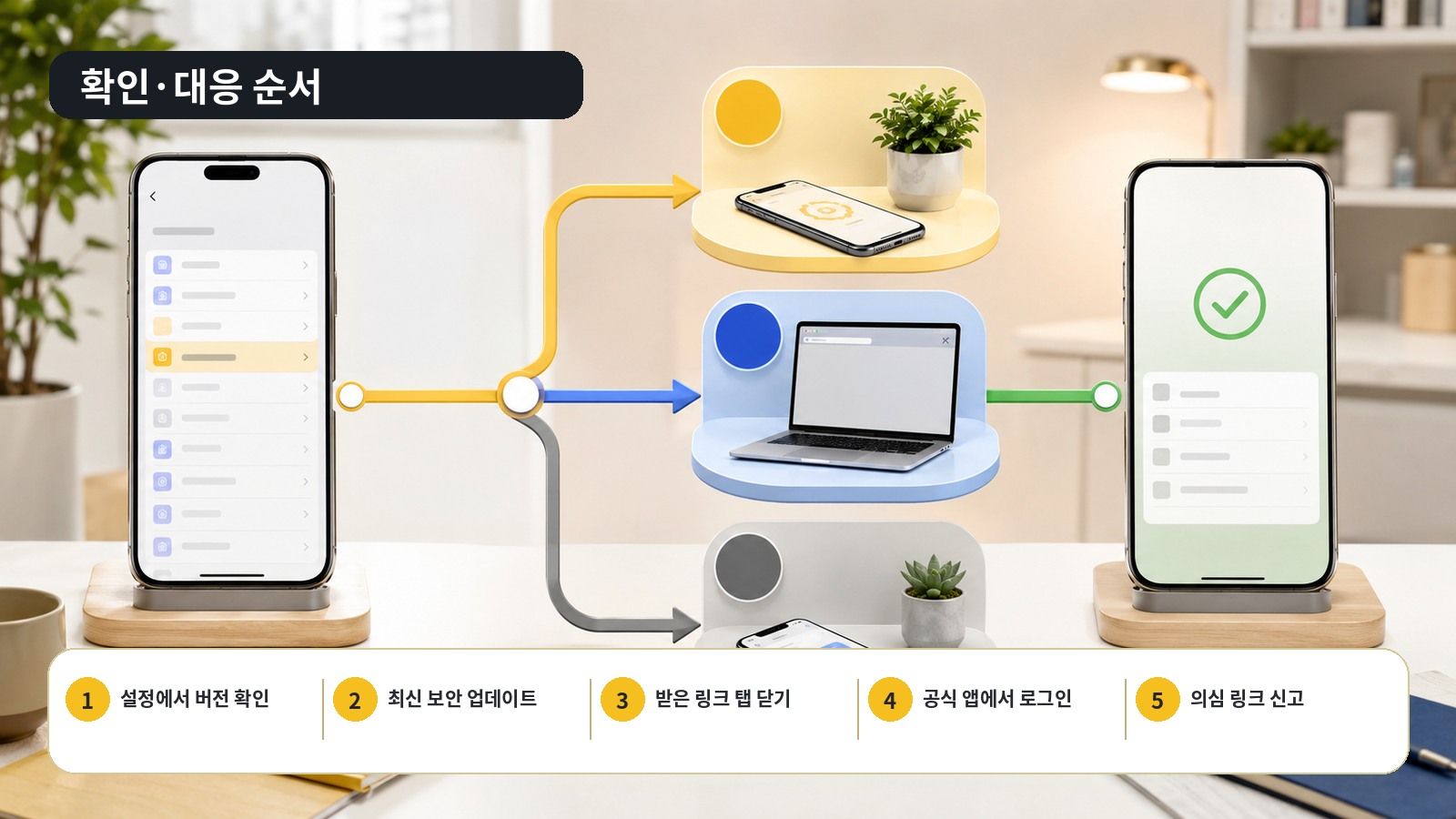 iOS 버전 확인, 최신 보안 업데이트, 의심 탭 닫기, 공식 앱 로그인, 의심 링크 신고로 구성된 5단계 점검 순서