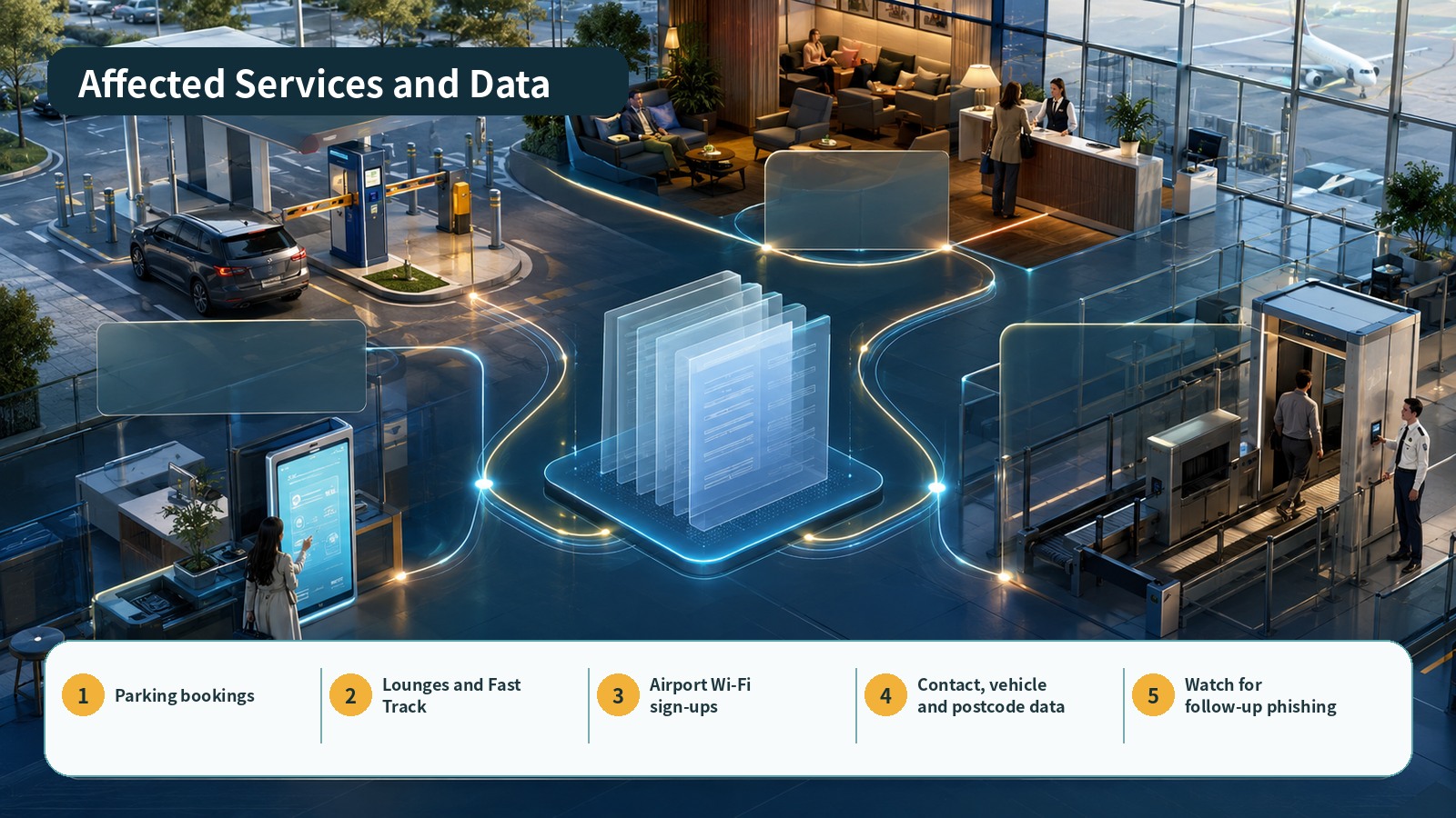 Flow from parking, lounge, Fast Track and airport Wi-Fi services to contact, vehicle and postcode data