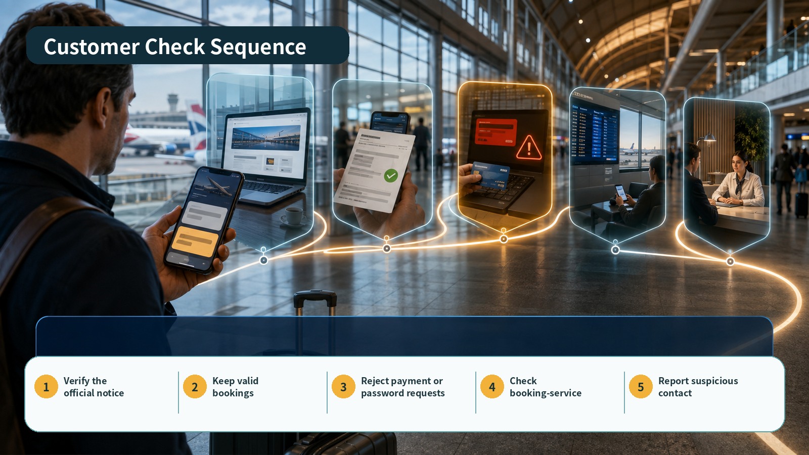Five-step customer check sequence: official notice, valid booking, reject payment or password requests, booking-service status and reporting