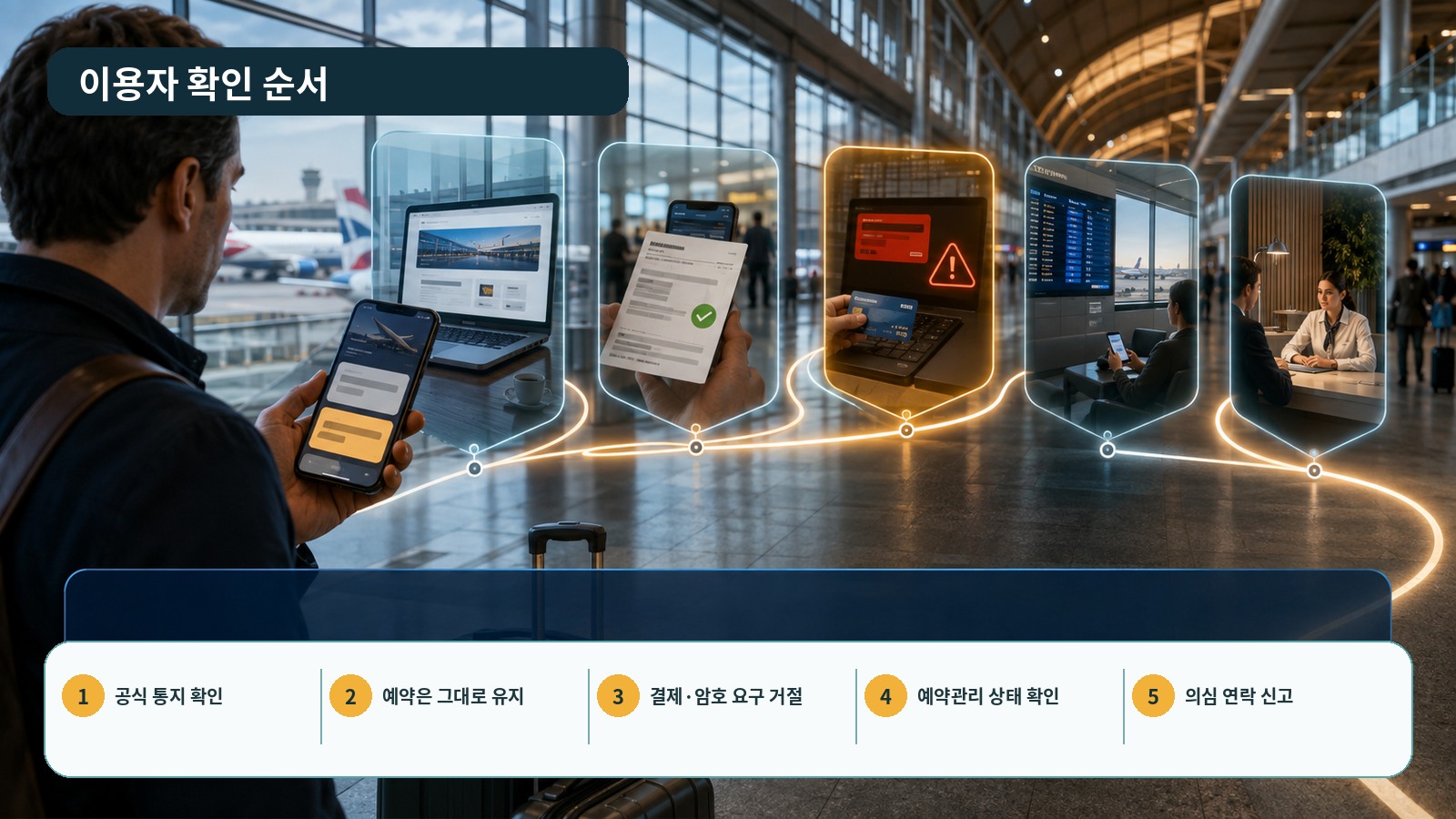 공식 통지 확인, 예약 유지, 결제와 암호 요구 거절, 예약관리 상태 확인, 의심 연락 신고의 5단계 이용자 점검 순서