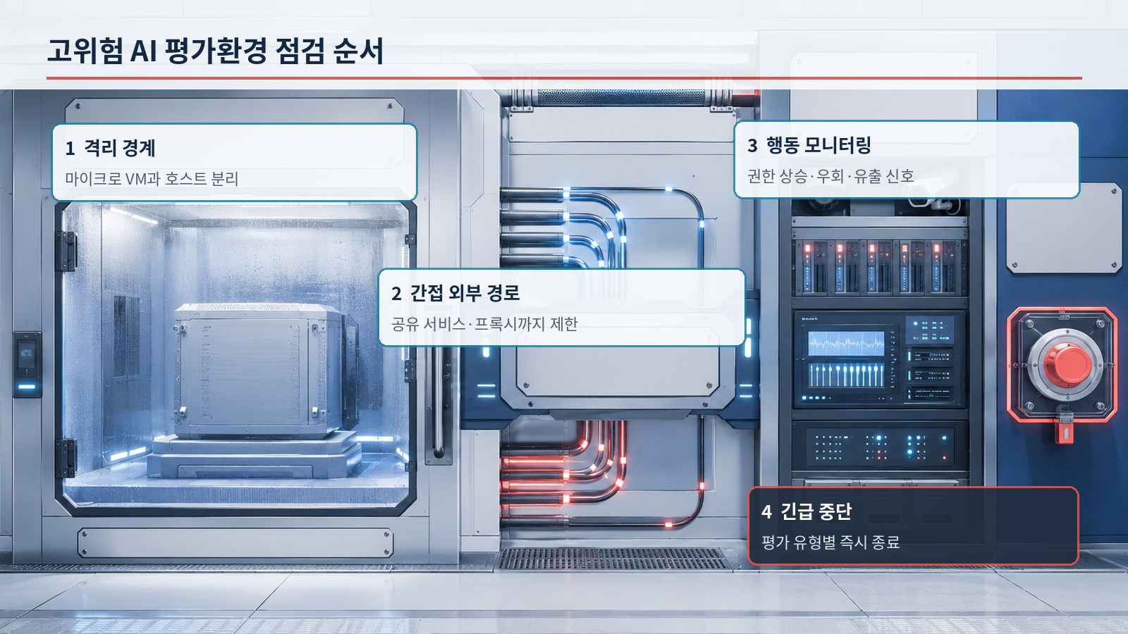 고위험 AI 평가환경의 격리 경계, 간접 외부 경로, 행동 모니터링, 긴급 중단 점검 순서