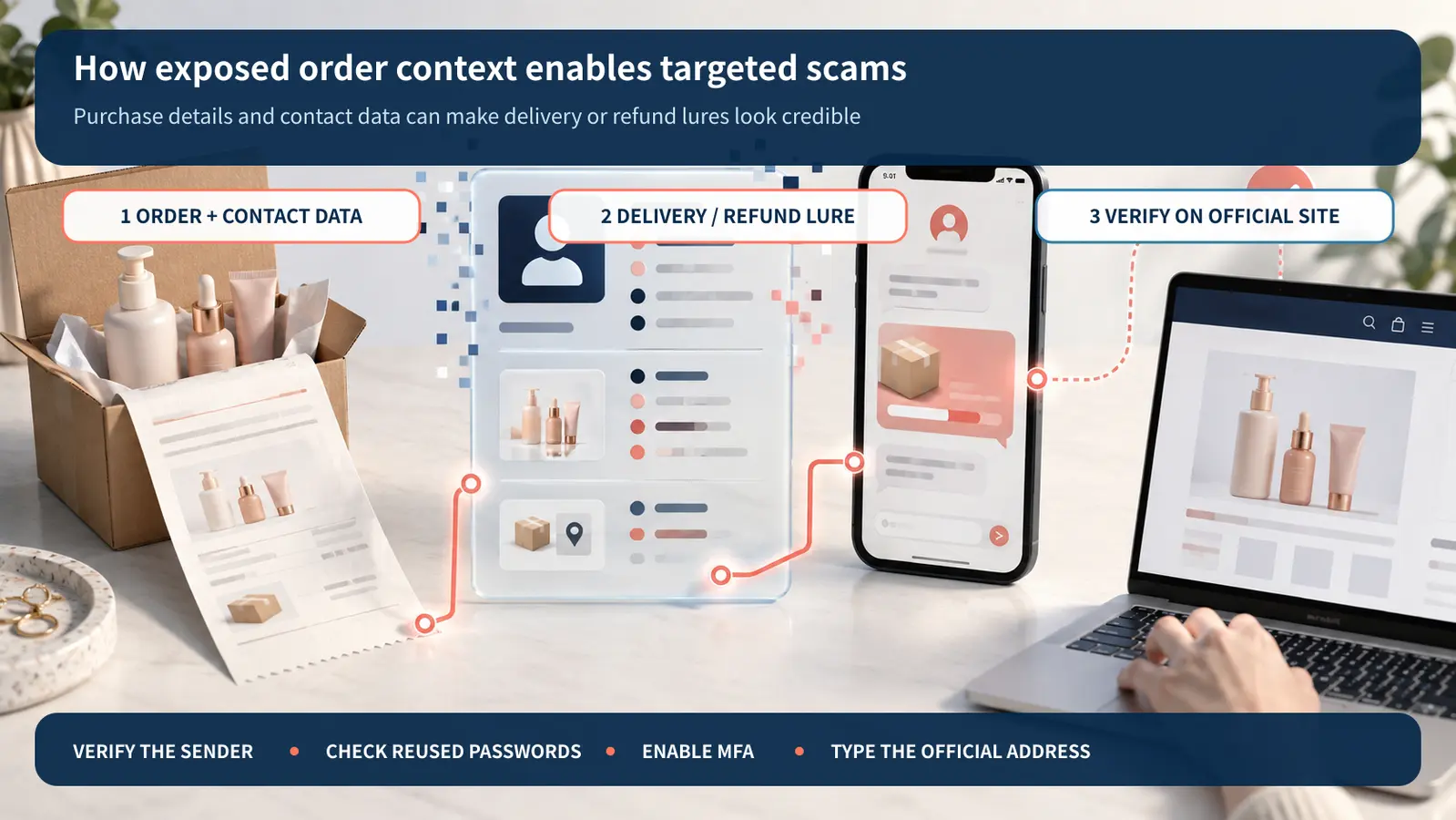 Flow from exposed order and contact data to delivery or refund impersonation and independent verification