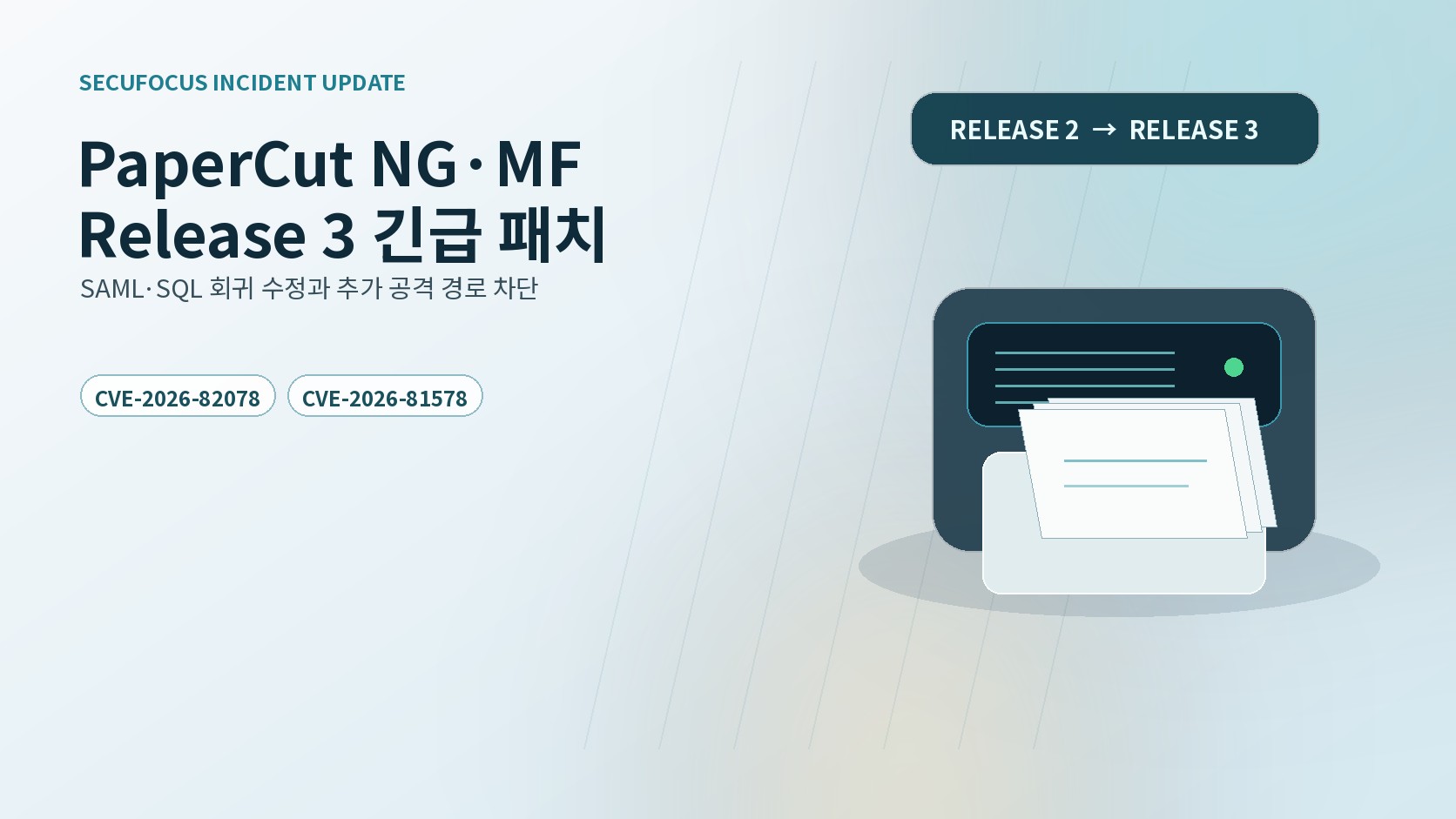 PaperCut NG·MF 취약점 악용과 긴급 패치 Release 3 변경을 보여주는 표지