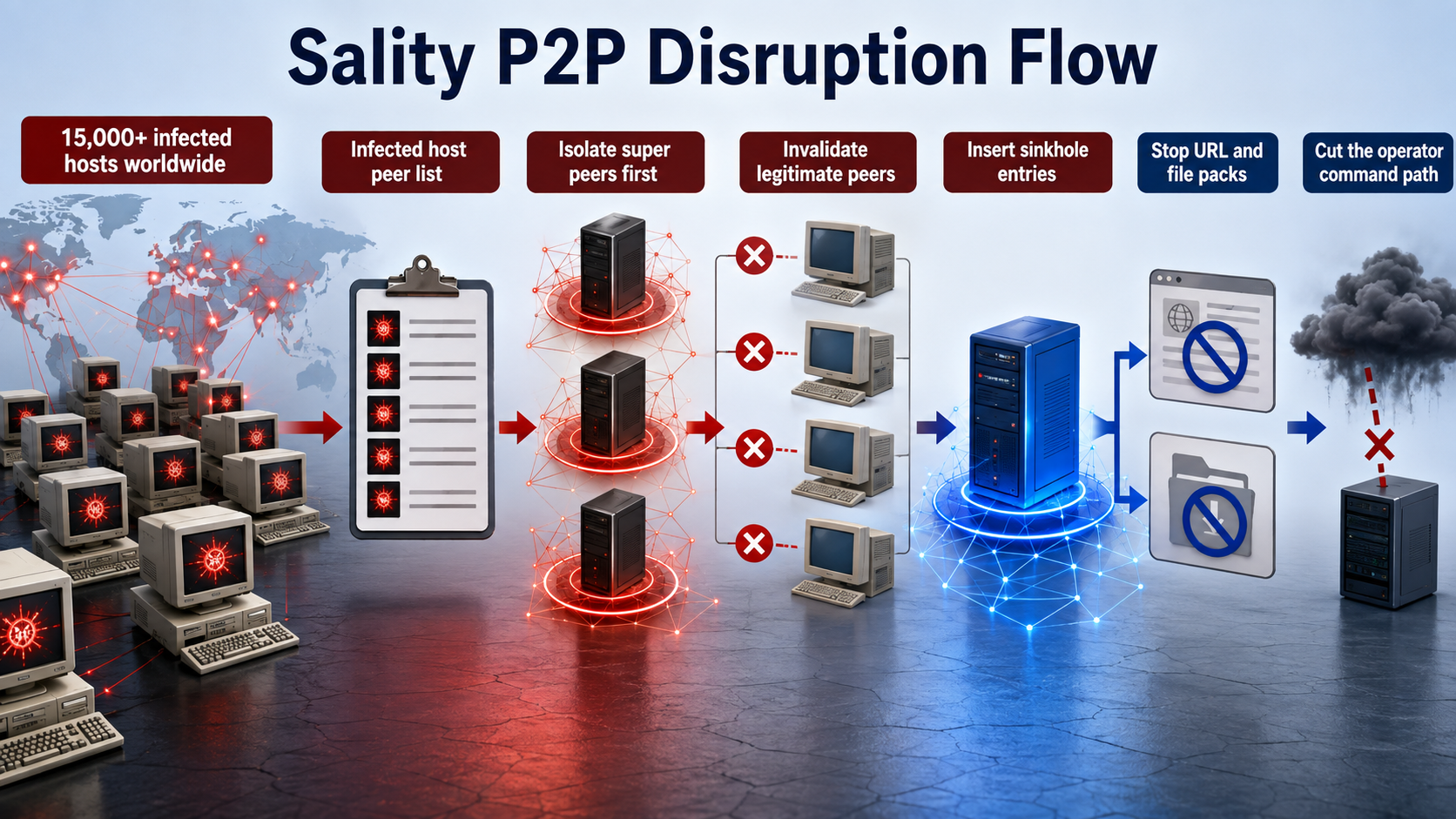 Sality peer-to-peer botnet disruption flow