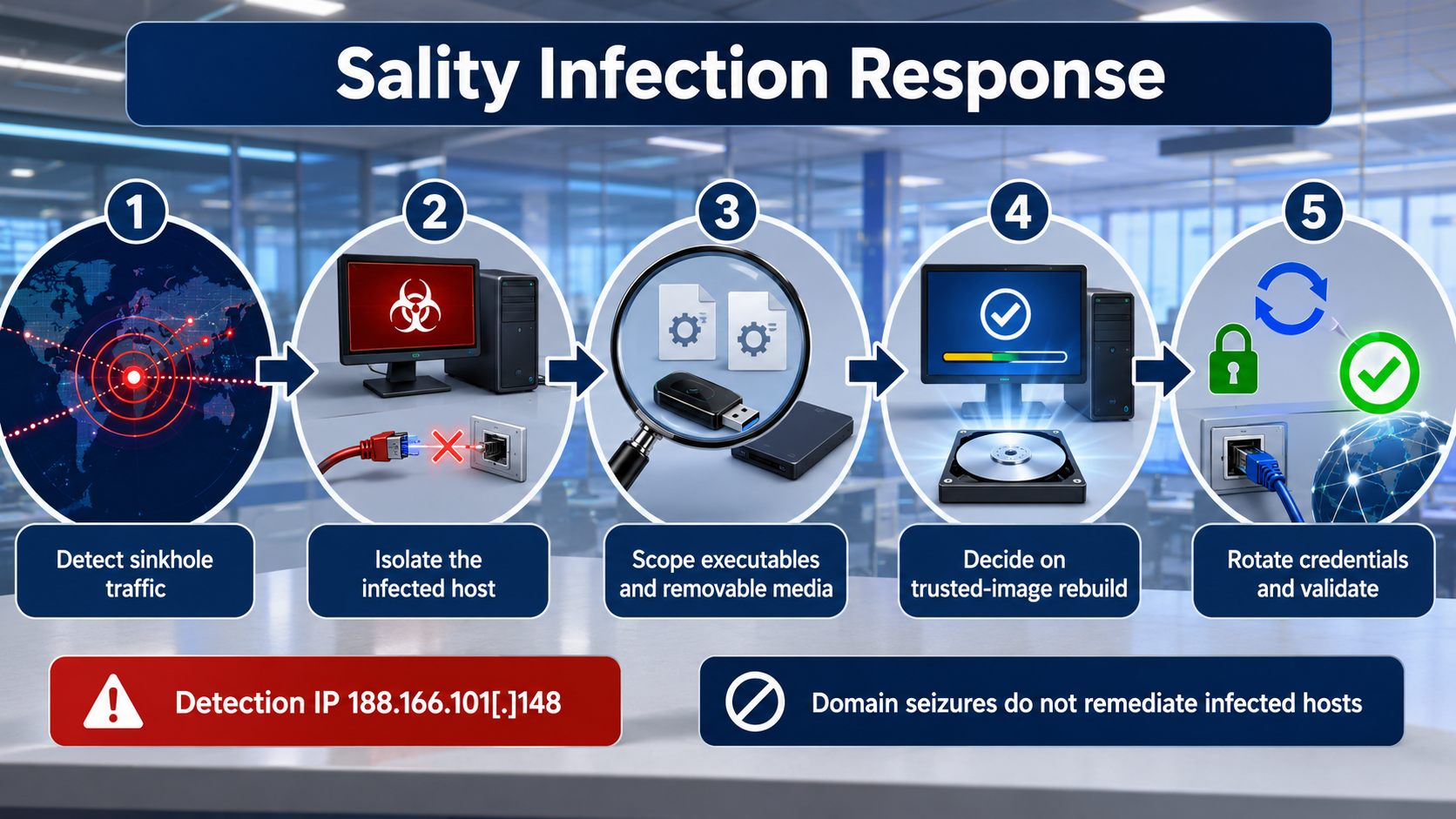Five-step Sality infection response