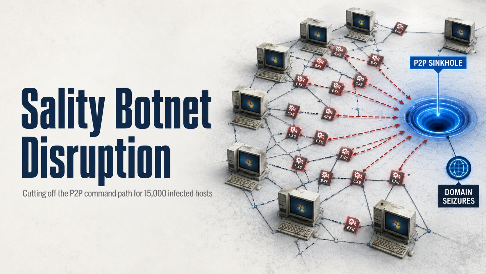 English cover illustrating the Sality botnet disruption and P2P sinkhole operation