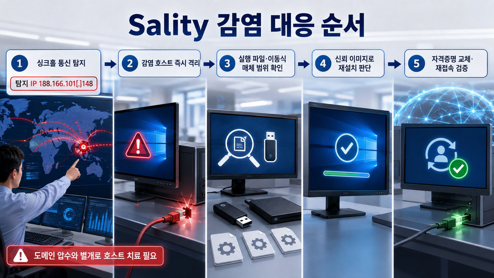 Sality 감염 호스트 격리와 치료를 위한 5단계 대응 순서