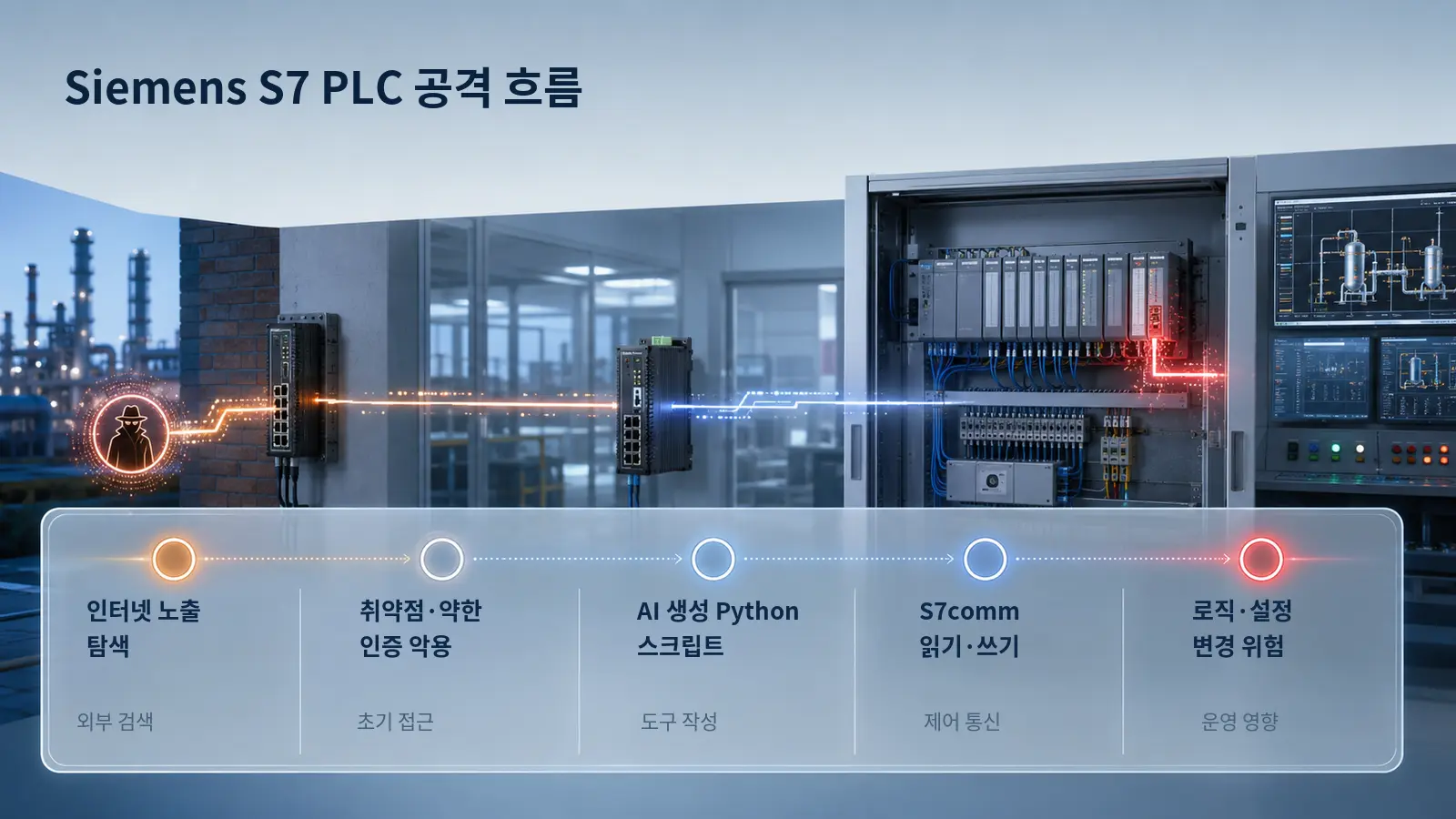 Siemens S7 PLC 공격 흐름을 인터넷 노출 탐색부터 로직 변경 위험까지 5단계로 설명한 한글 인포그래픽