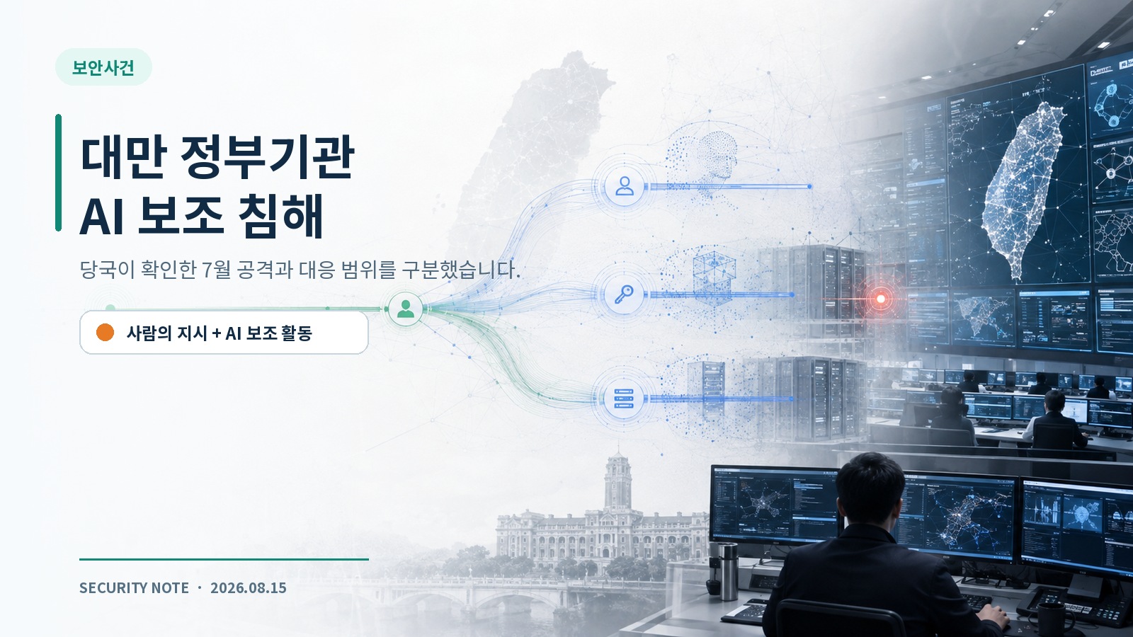대만 정부기관을 겨냥한 7월 AI 보조 침해와 대응 범위를 표시한 편집형 표지