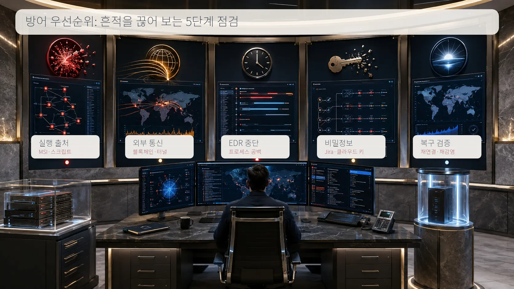 실행 출처, 외부 통신, EDR 중단, 비밀정보, 복구 검증의 다섯 단계 방어 점검