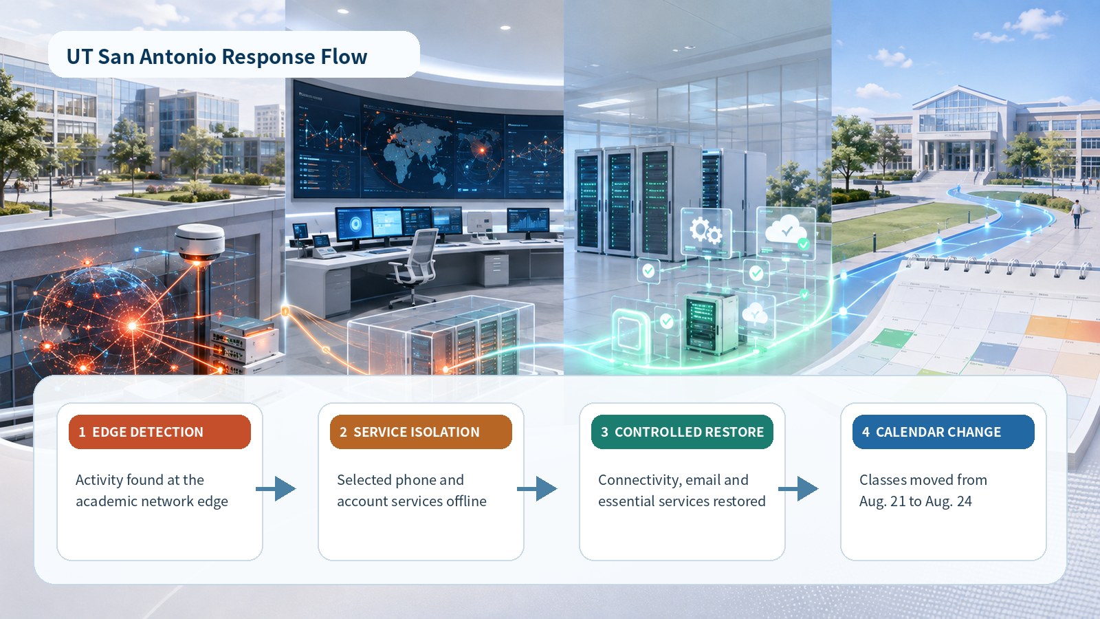 UT San Antonio response flow from edge detection and service isolation to controlled restoration and calendar change