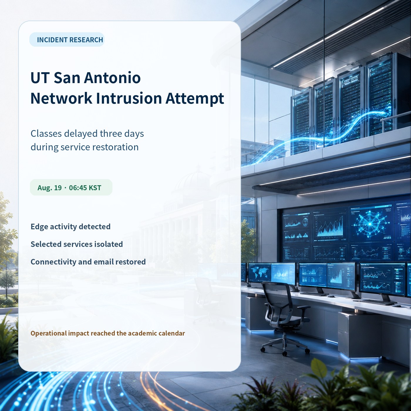 English cover showing UT San Antonio's attempted network intrusion and service restoration