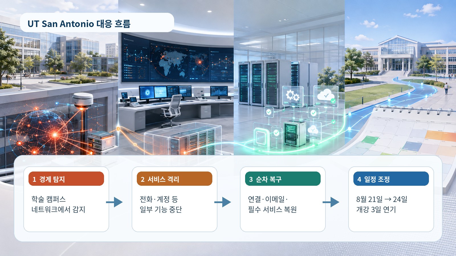 UT San Antonio의 경계 탐지, 서비스 격리, 순차 복구, 일정 조정 흐름